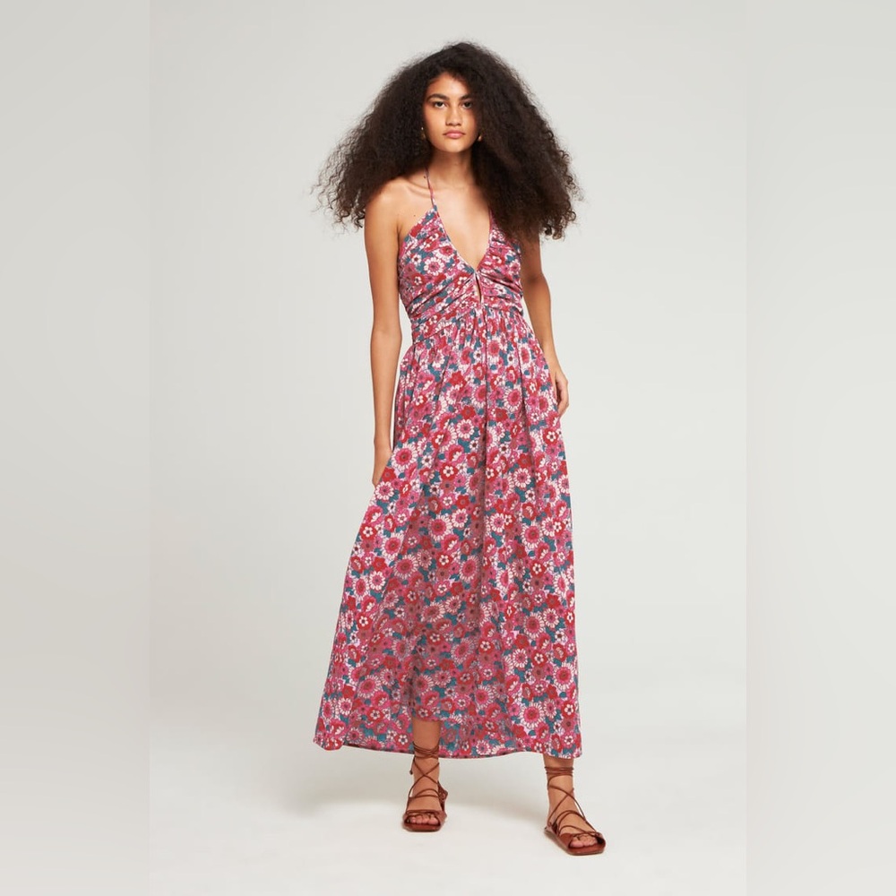 Antik Batik Paris Floral Halter Maxi Dress XS 36 Smocked Back 100% Cotton Boho